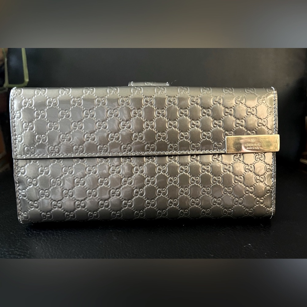 Authentic Gucci Micro GG Monogram Leather Long Wallet Metallic Gray